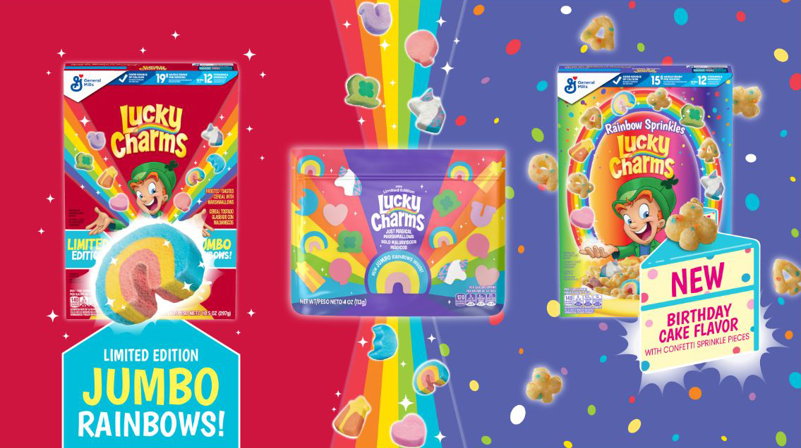 Lucky Charms Rainbow Sprinkles, Lucky Charms Jumbo Rainbow Cereal and Jumbo Rainbow Just Magical Marshmallows, available in retailers nationwide this spring